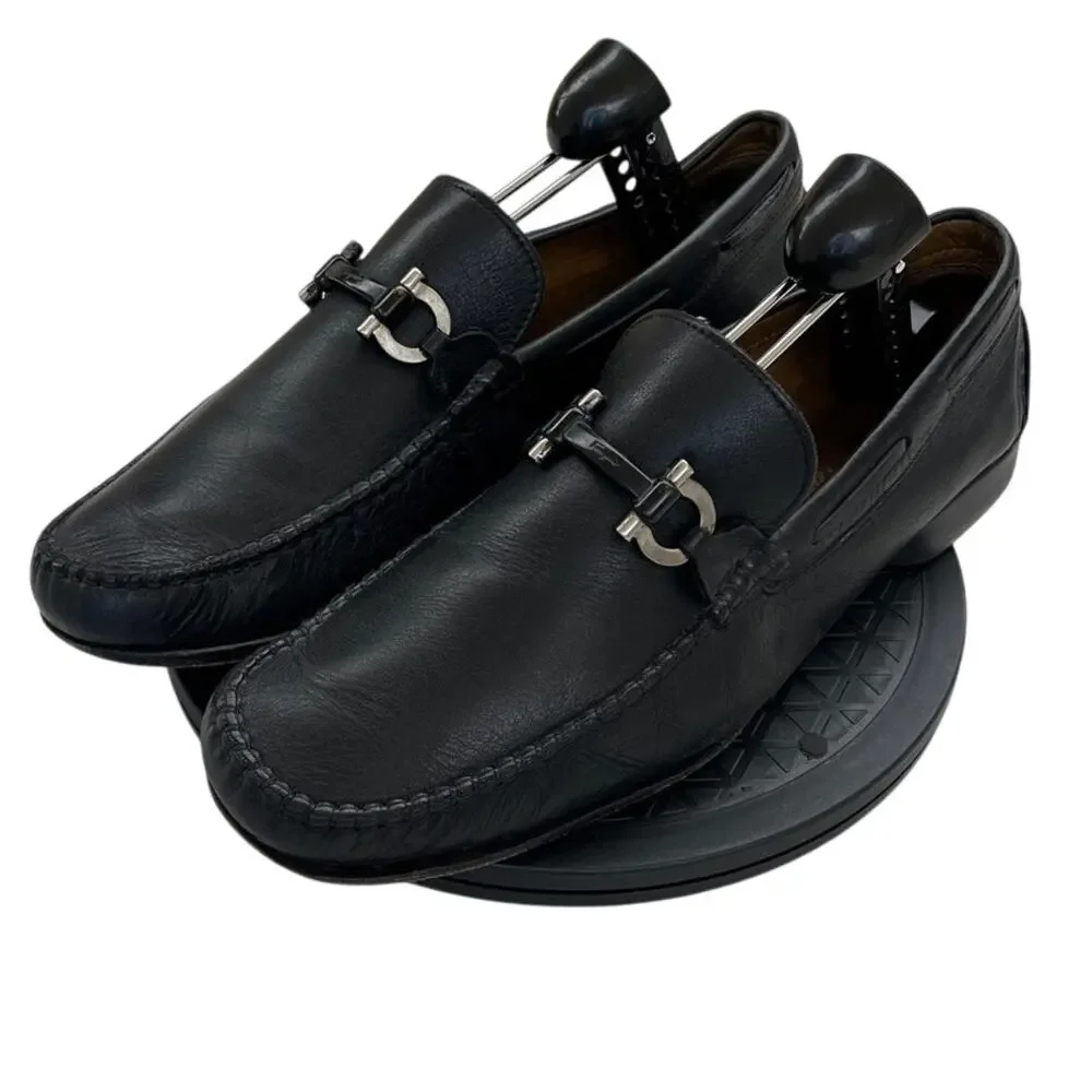Mens Ferragamo Leather Casual Slip-On Driving Moccasin Loafers SZ 10.5 Black